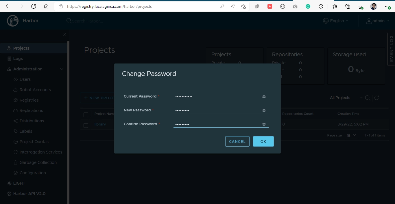 Change Admin password on Harbor