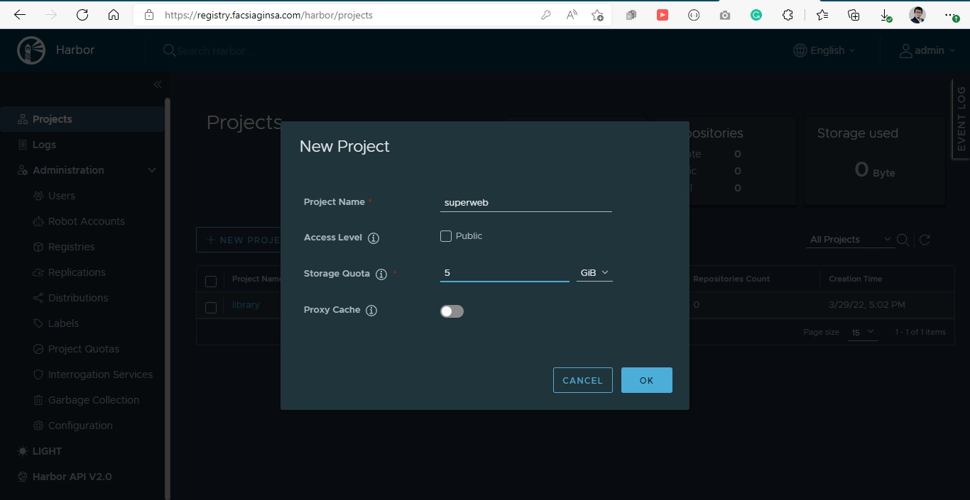 Create new project on Harbor GUI dashboard