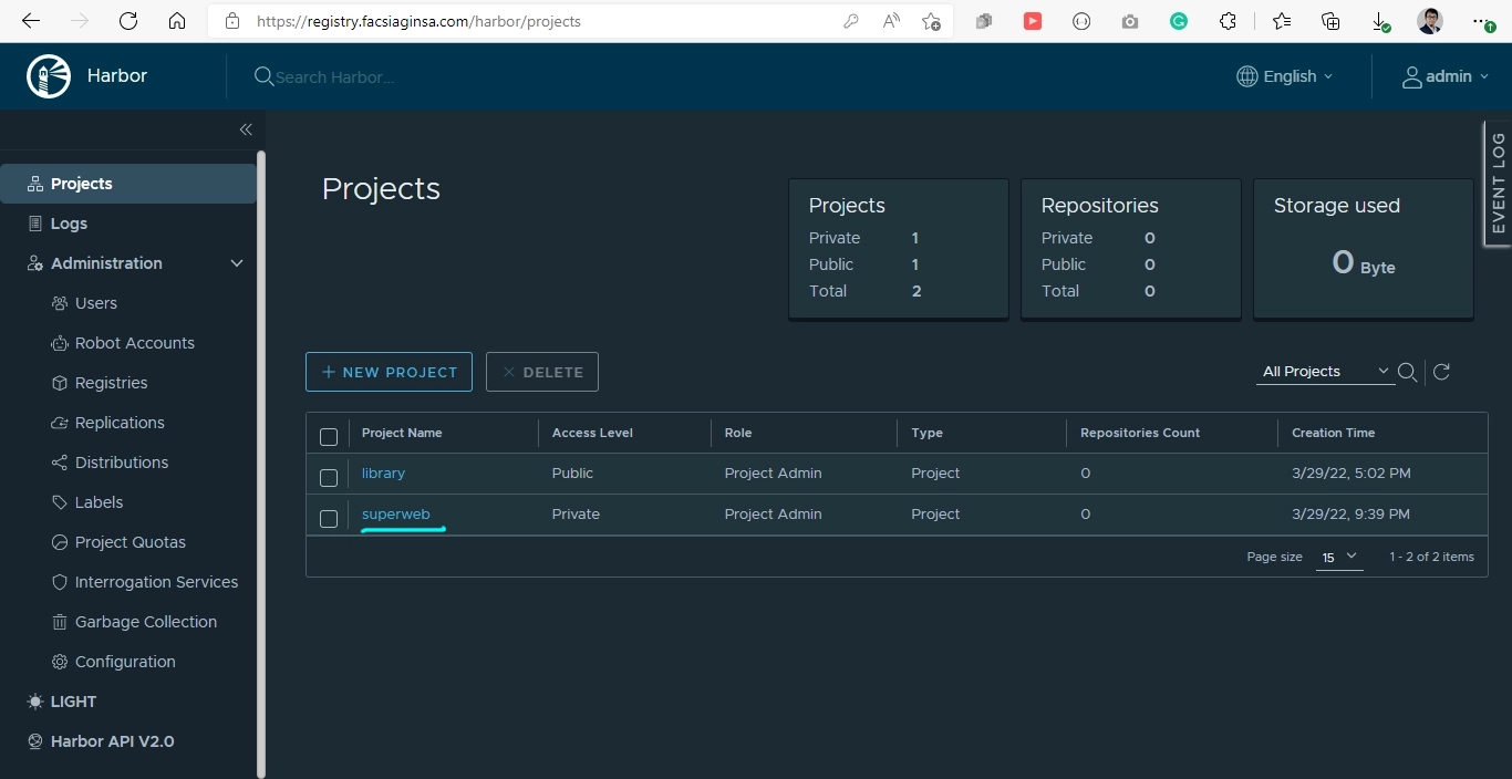 The created project appear on the Harbor GUI dashboard