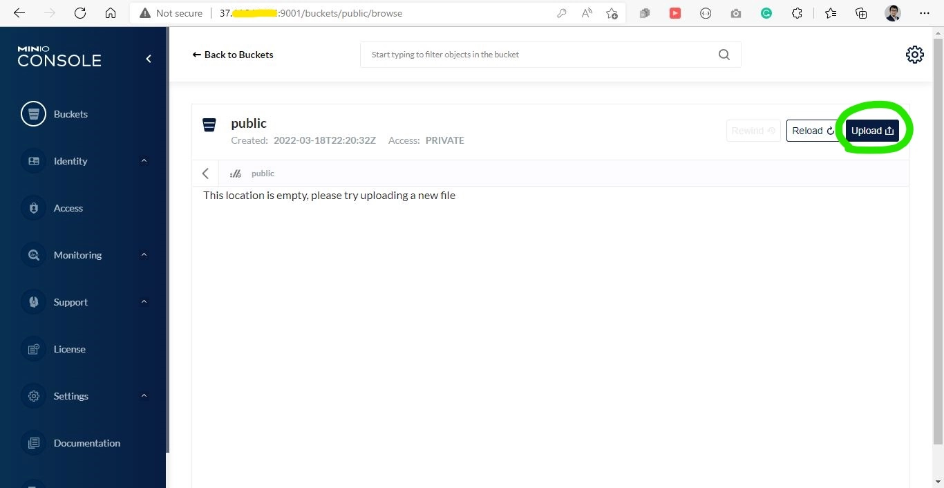 Click upload button on bucket page