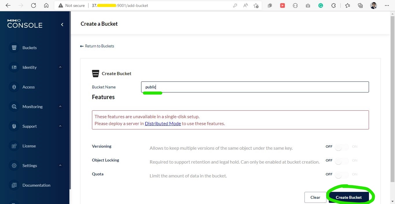 Typing bucket name, and then click create bucket button