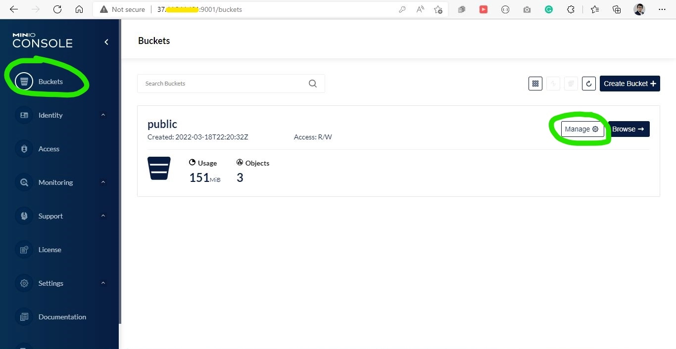 Click manage button on public bucket